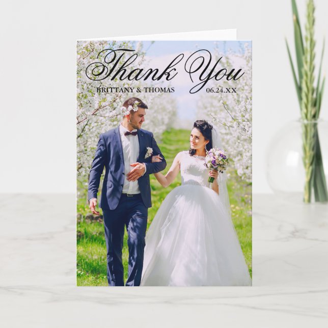Bride & Groom Elegant Script Wedding Photo Fold Thank You Card (Front)