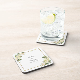 Bride & Groom Elegant Wedding Botanical Floral Beverage Coaster