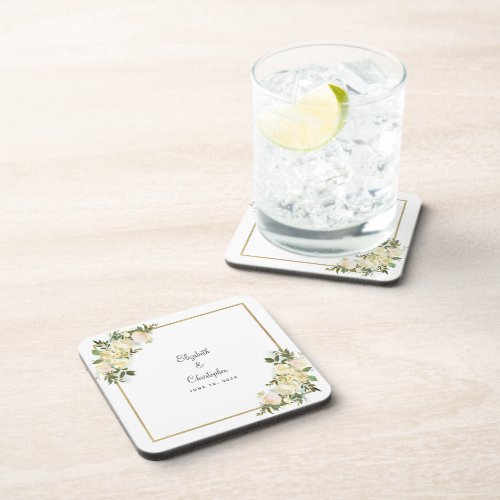Bride  Groom Elegant Wedding Botanical Floral Beverage Coaster