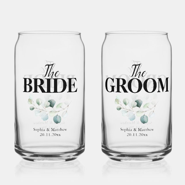 Bride Groom Eucalyptus Script Wedding Can Glass (Front)