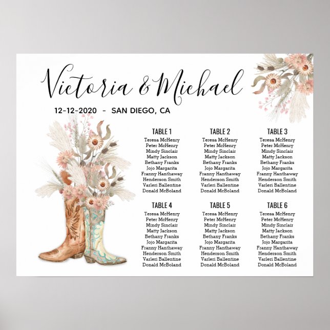 Bride & Groom Floral Boots Cowboy Seating Chart (Front)