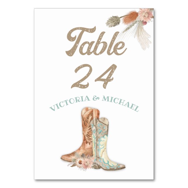 Bride & Groom Floral Boots Cowboy Table Numbers (Front)