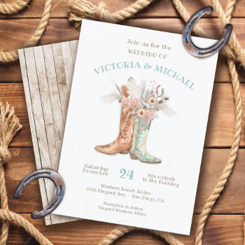 Bride & Groom Floral Boots Cowboy Western Wedding Invitation by McBooboo at Zazzle