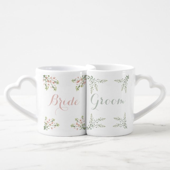 Bride Groom Floral Botanical Coffee Mug Set (Front Nesting)