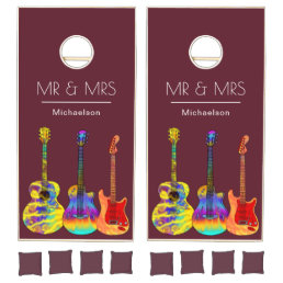 Bride Groom Funky Guitars Burgundy Wedding Cornhole Set