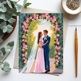 Bride & Groom Garden Arch   Floral Wedding Painted Postcard