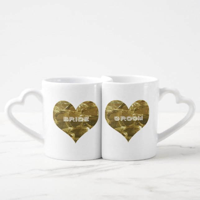 Bride Groom Gold Heart Bridal Wedding Love Couple Coffee Mug Set (Front Nesting)