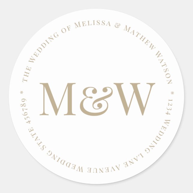 Bride Groom Gold Initials  Address White Classic Round Sticker (Front)
