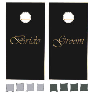 Bride & Groom gold script black elegant wedding Cornhole Set