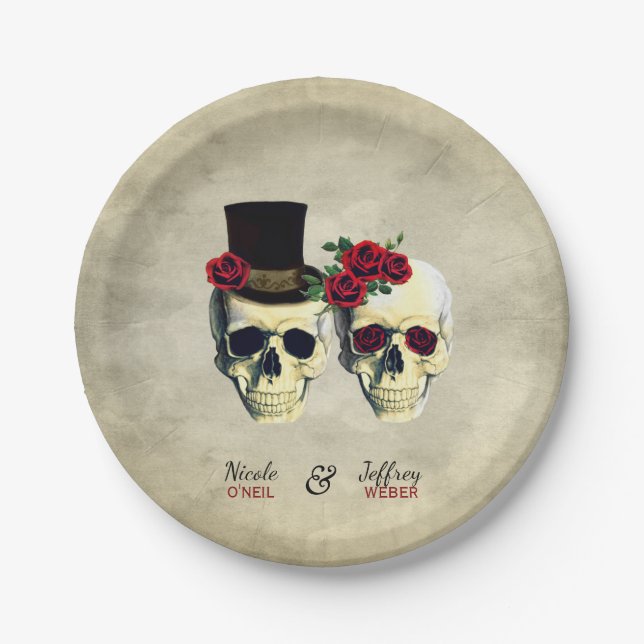 Bride & Groom Goth Skulls Wedding Paper Plates (Front)