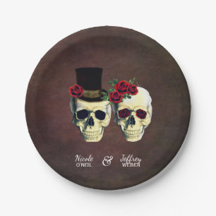 Bride & Groom Goth Skulls Wedding Paper Plates