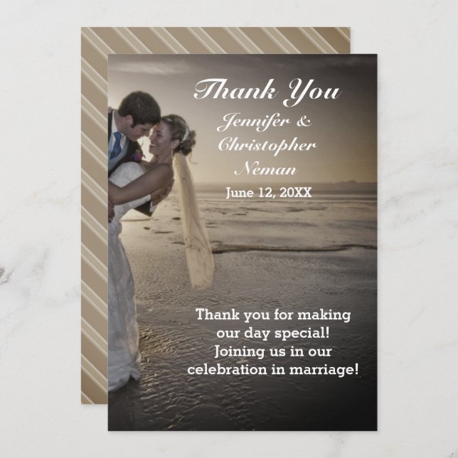 Bride & Groom Grayed Sunset Beach Thank You Card (Front/Back)