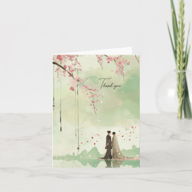 Bride & Groom Green Theme Wedding Letterpress Thank You Card (Front)
