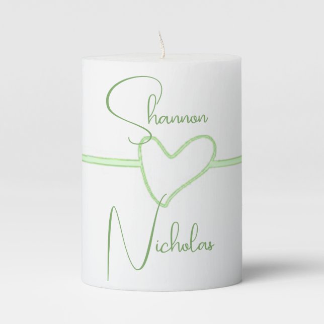 Bride & Groom Green 'Whimsical Heart' Pillar Candle (Front)