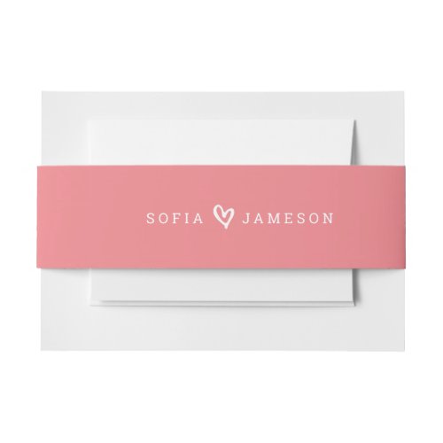 BRIDE  GROOM HEART modern type coral pink Invitation Belly Band