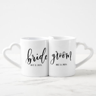 BRIDE + GROOM heart mug set
