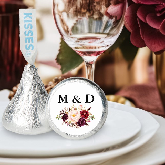 Bride Groom Initials Burgundy Floral Wedding Hershey®'s Kisses® (Customize to change text size, color or text style.)