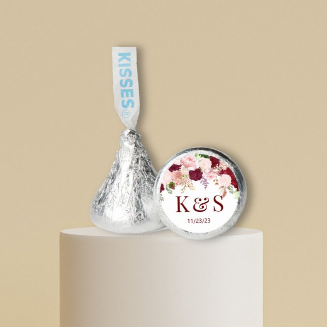 Bride Groom Initials Flower Blush Burgundy Hershey®'s Kisses® (Creator Uploaded)