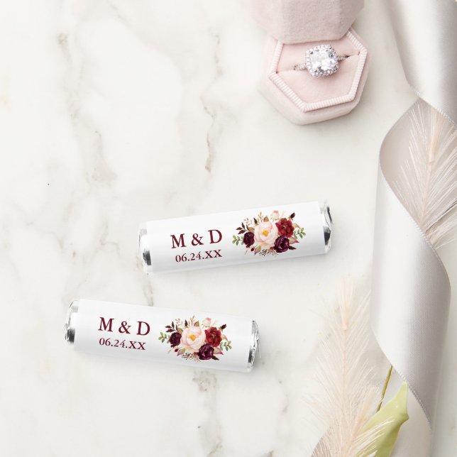 Bride Groom Initials Wedding Burgundy Floral Breath Savers® Mints (Wedding)