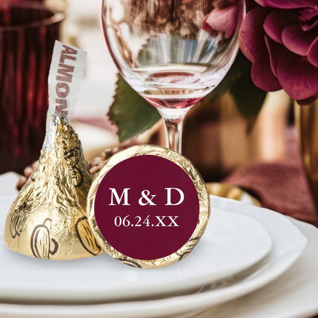 Bride Groom Initials Wedding Burgundy Gold Hershey®'s Kisses® (Customize to change background color.)