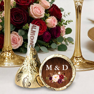 Bride Groom Initials Wood Burgundy Floral Gold Hershey®'s Kisses®