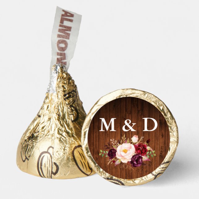 Bride Groom Initials Wood Burgundy Floral Gold Hershey®'s Kisses® (Front)