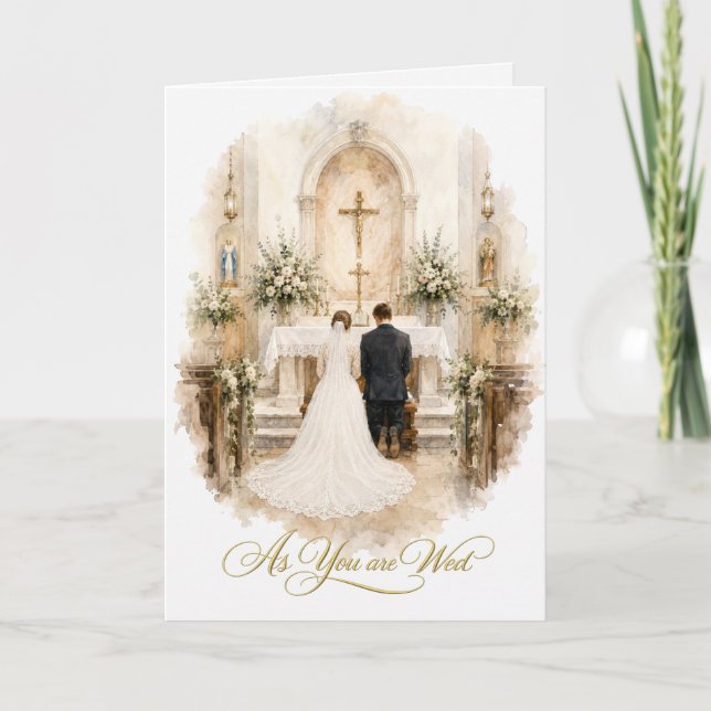 Bride & Groom Kneeling at Altar Wedding Card (Front)