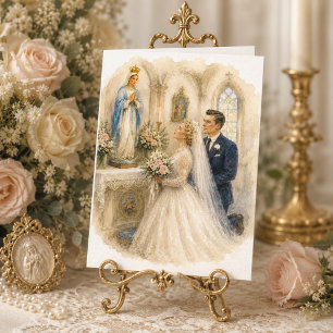 Bride & Groom Kneeling Before Our Lady Wedding Card