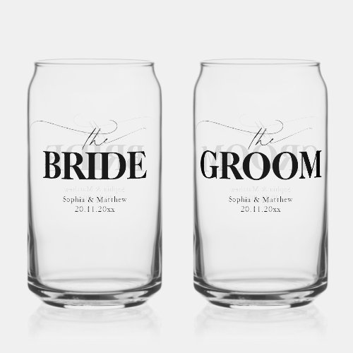 Bride Groom Modern Script Wedding Can Glass