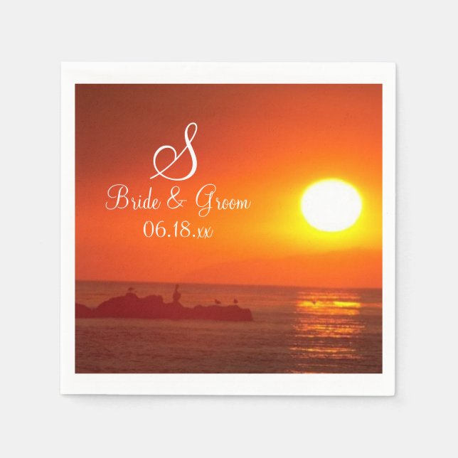 Bride Groom Monogram Date Beach Wedding Sunset Nap Napkins (Front)
