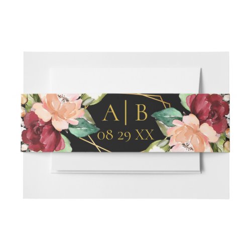 Bride Groom Monogram Floral Black Gold Geometric Invitation Belly Band