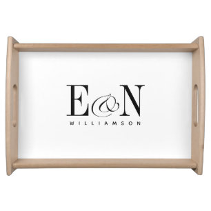 Bride & Groom Monogram Initial Name Black & White Serving Tray