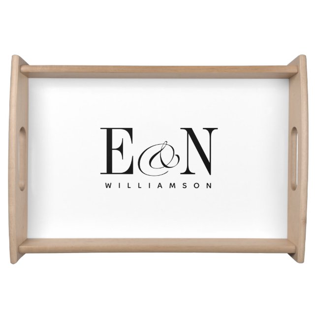 Bride & Groom Monogram Initial Name Black & White Serving Tray (Front)