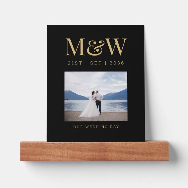 Bride & Groom Monogram Photo Black Wedding Picture Ledge (Front)