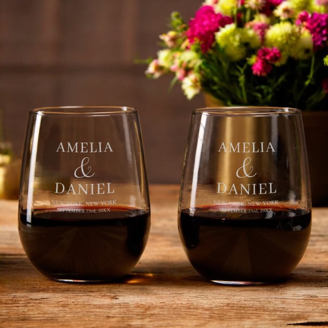 Bride & Groom Monogram Wedding Elegant Modern Stemless Wine Glass (Creator Uploaded)