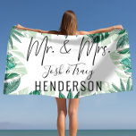 Bride & Groom, Mr and Mrs, Anniversary, Engagement Beach Towel<br><div class="desc">Make a statement at the pool or the beach with our wide selection of super cute customizable beach towels. We have elegant,  classy also fun and playful full print designs.

Just Married,  Wedding Props,  Wedding Photo Props,  Wedding Decoration,  Newly Weds,  Wedding Reception,  Honeymoon,  Personalized Wedding Engagement Bridal Shower.</div>