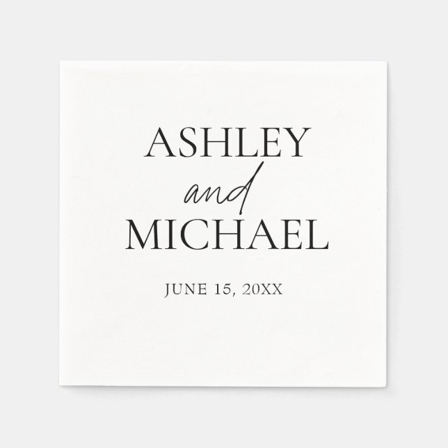 Bride & Groom Name Minimal Black White Script Date Napkins (Front)