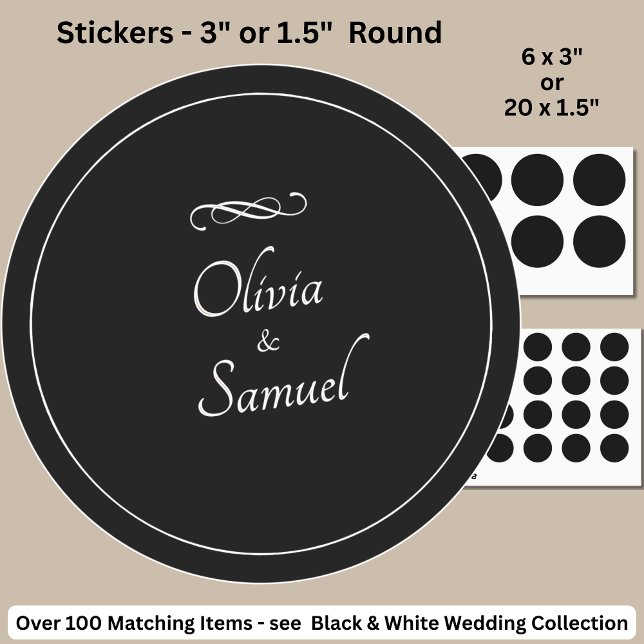 Bride & Groom Names Black White Infinity Scroll, Classic Round Sticker (Creator Uploaded)