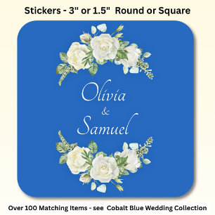 Bride & Groom Names Cobalt Blue & White Roses Square Sticker