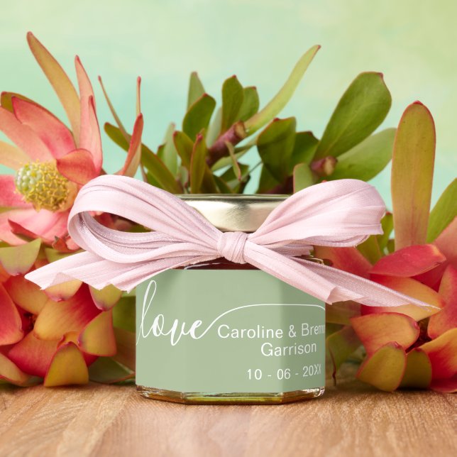Bride Groom Names Love Text On Light Sage Green Honey Jar Favors (Insitu (Wedding))