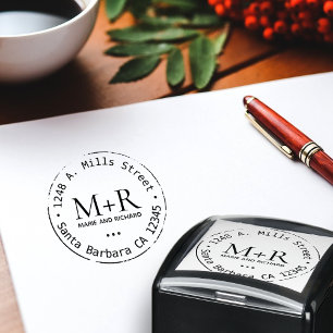 Bride groom names monogram wedding address self-inking stamp