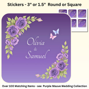 Bride & Groom Names Purple Mauve Flowers & White Square Sticker