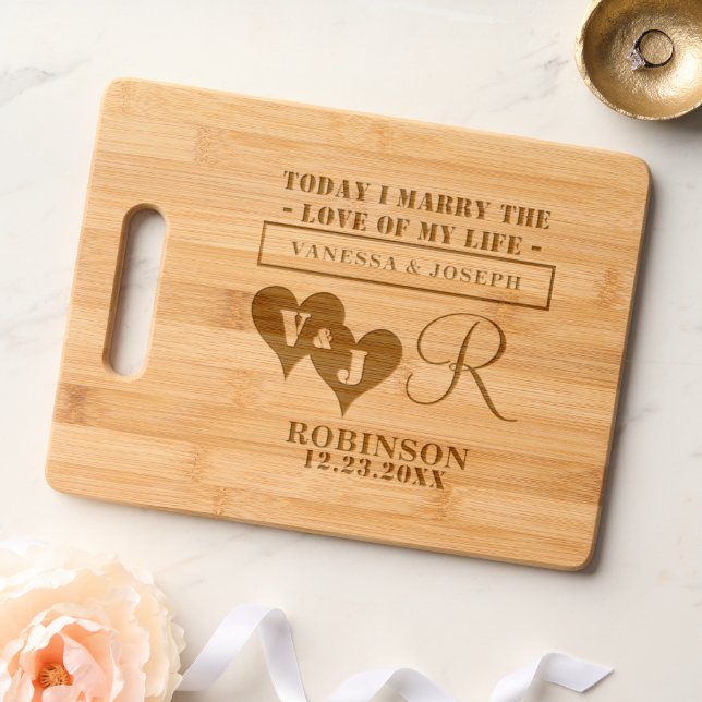 Bride Groom Names Wedding Hearts Monogram Engraved Cutting Board (Wedding)