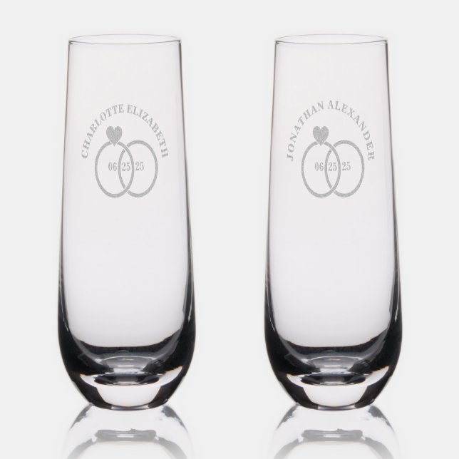 BRIDE & GROOM NAMES, WEDDING RINGS  STEMLESS CHAMPAGNE FLUTE (Glassware)