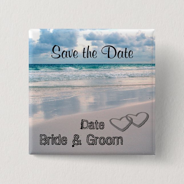 Bride & Groom Names Written in the Sand Pinback Button (Front)