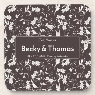Bride & Groom on dark floral Wedding Party Beverage Coaster