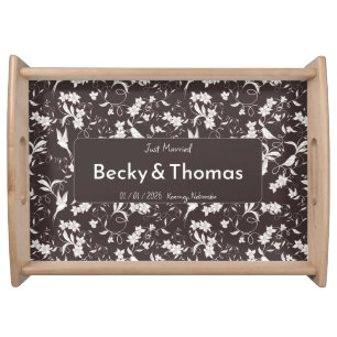 Bride & Groom on dark floral Wedding Party Serving Tray