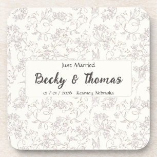 Bride & Groom on white floral Wedding Party Beverage Coaster