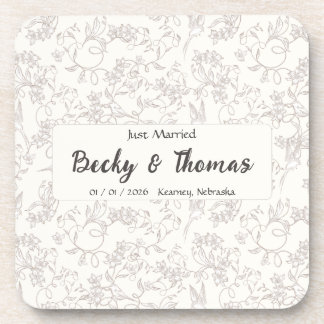 Bride & Groom on white floral Wedding Party Beverage Coaster