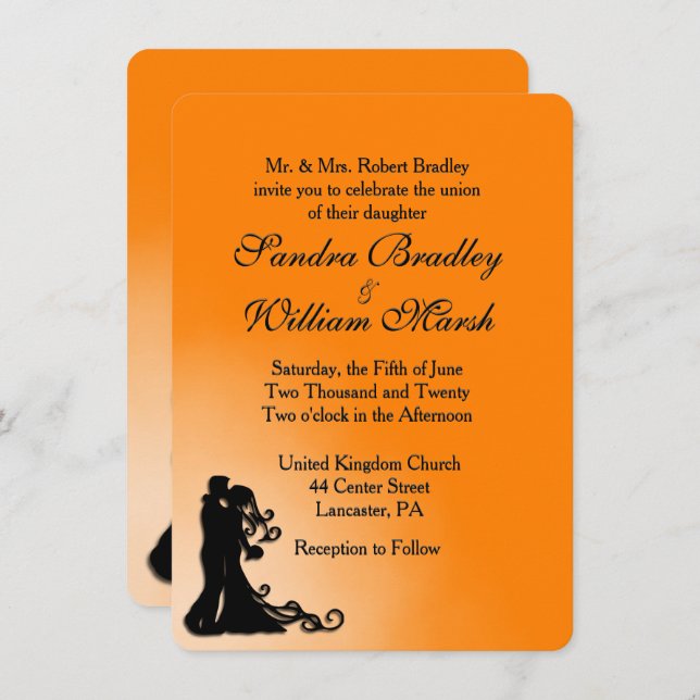 Bride, Groom Orange and Black Wedding Invitation (Front/Back)
